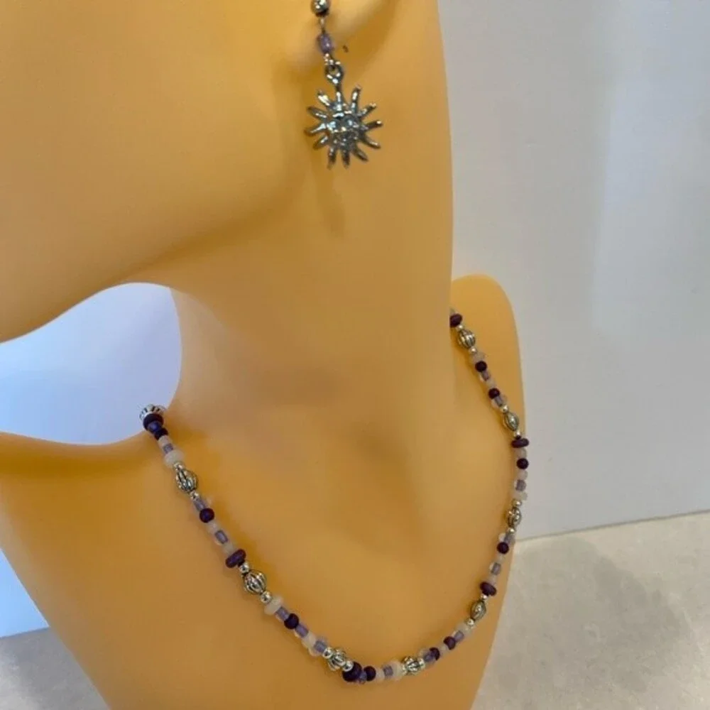 Necklace & Earrings set! Blue, clear & silver beads with silver Sun earrings.